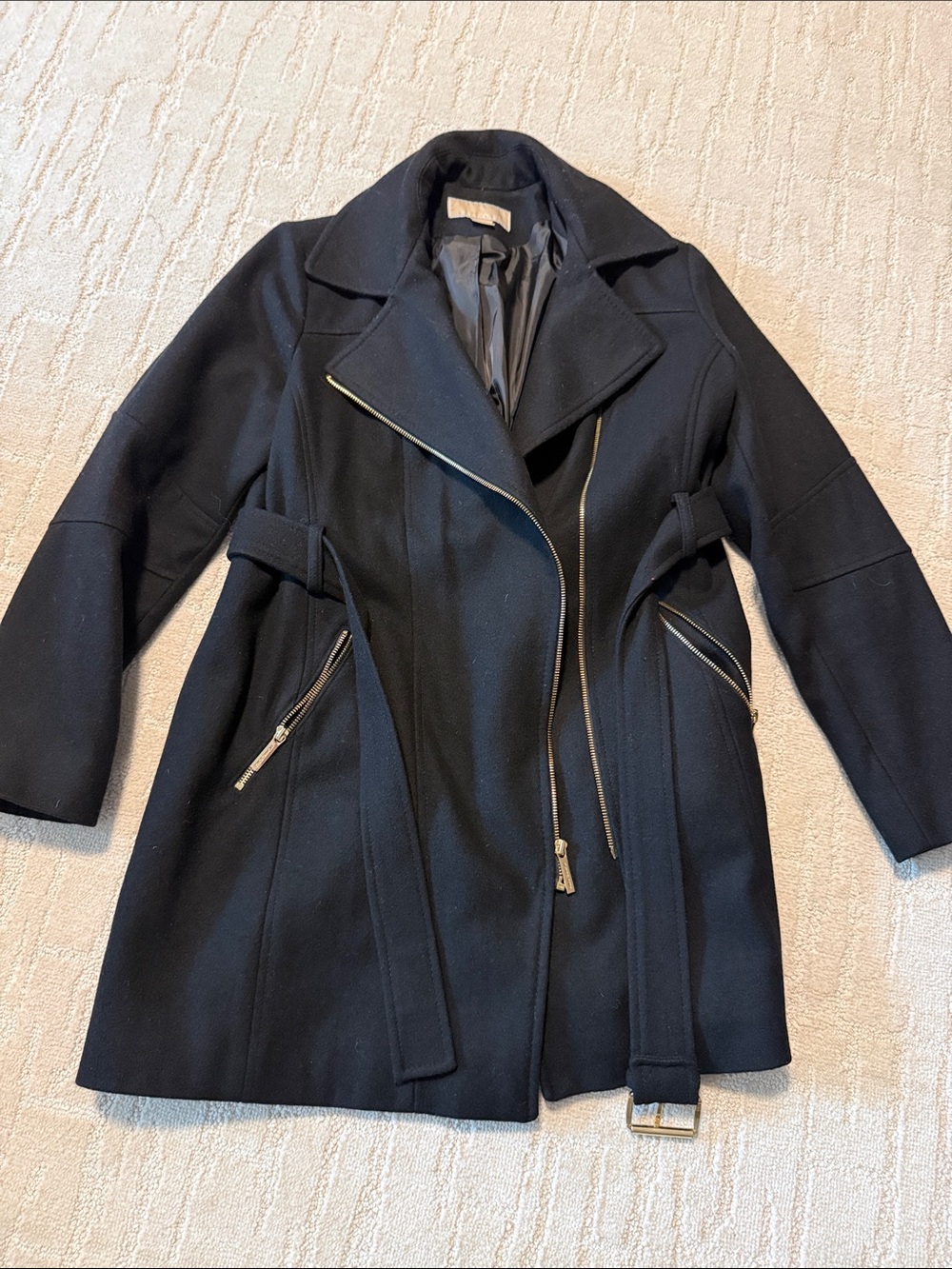 Michael Kors Black Wool-Blend Asymmetric Belted Pea Coat